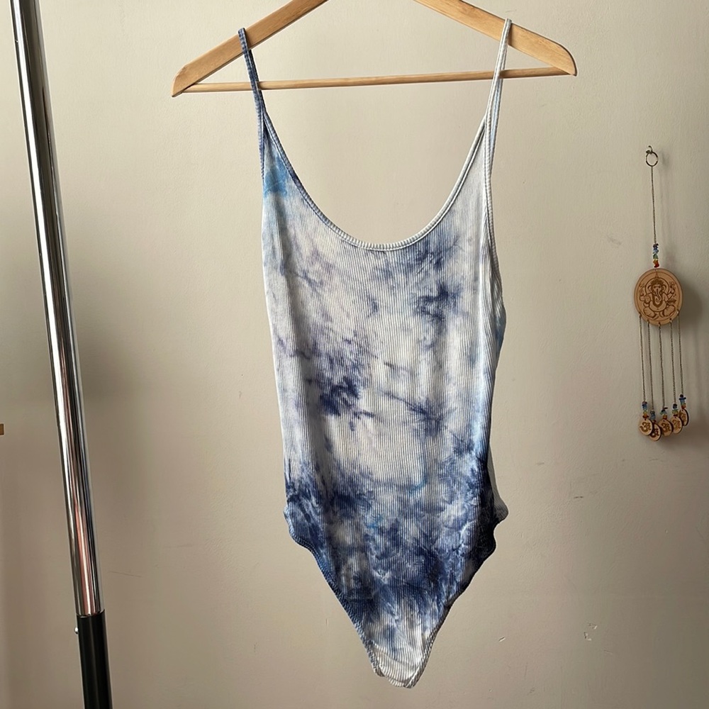 LA Hearts/ Pacsun Blue & White Tie Dye Thong Bodysuit Low With Back- Size Small